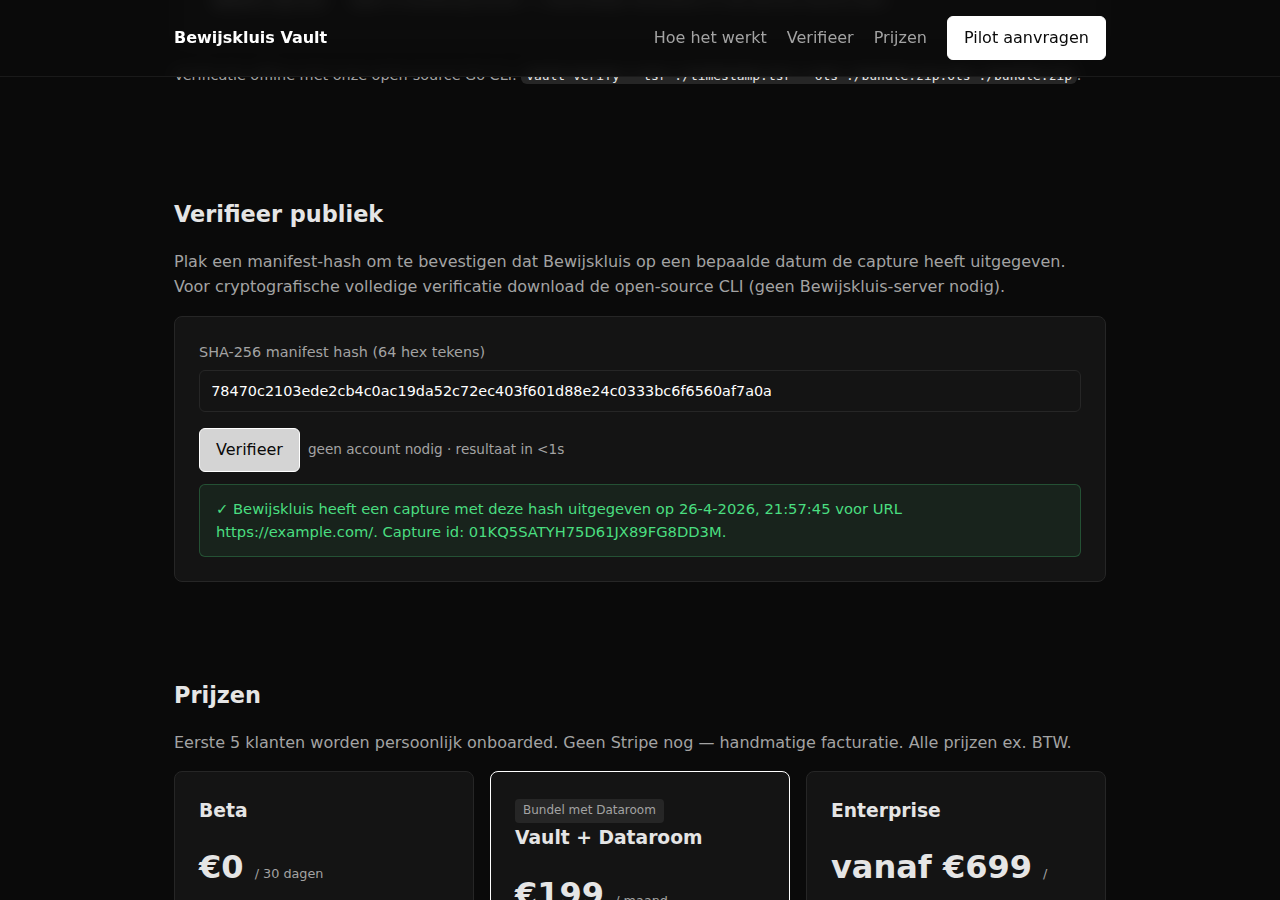 Publieke verify-form van de Vault